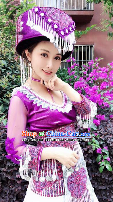 China Traditional Gunangxi Ethnic Folk Dance Apparels Zhuang Nationality Stage Performance Costumes Minority Women Purple Short Dress and Headwear