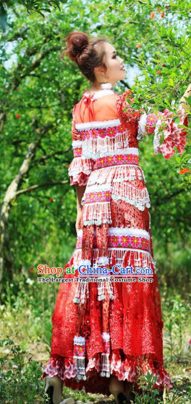 China Yunnan Minority Costumes Traditional Miao Ethnic Folk Dance Apparels Nationality Bride Wedding Red Dress and Headdress