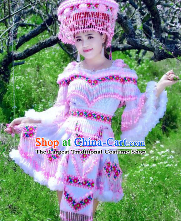 China Guizhou Minority Costumes and Headdress Nationality Bride Short Dress Traditional Ethnic Folk Dance Apparels