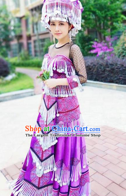 China Traditional Yunnan Miao Ethnic Folk Dance Apparels Minority Stage Performance Purple Long Dress Nationality Women Costumes and Headwear