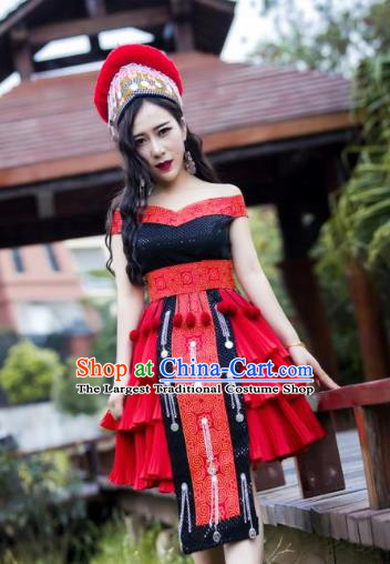 China Miao Nationality Red Short Dress and Hat Traditional Ethnic Folk Dance Apparels Yunnan Minority Sexy Costumes