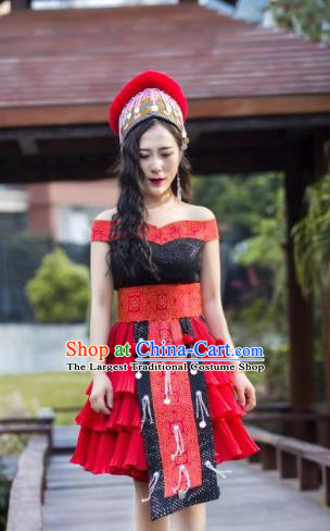 China Miao Nationality Red Short Dress and Hat Traditional Ethnic Folk Dance Apparels Yunnan Minority Sexy Costumes