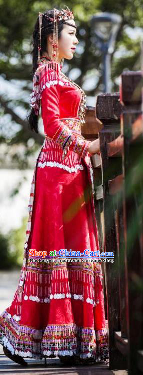 China Guizhou Nationality Traditional Red Long Dress Miao Minority Bride Costumes Ethnic Wedding Apparels and Hair Accessories