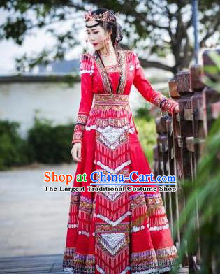 China Guizhou Nationality Traditional Red Long Dress Miao Minority Bride Costumes Ethnic Wedding Apparels and Hair Accessories