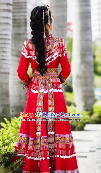 China Guizhou Nationality Traditional Red Long Dress Miao Minority Bride Costumes Ethnic Wedding Apparels and Hair Accessories