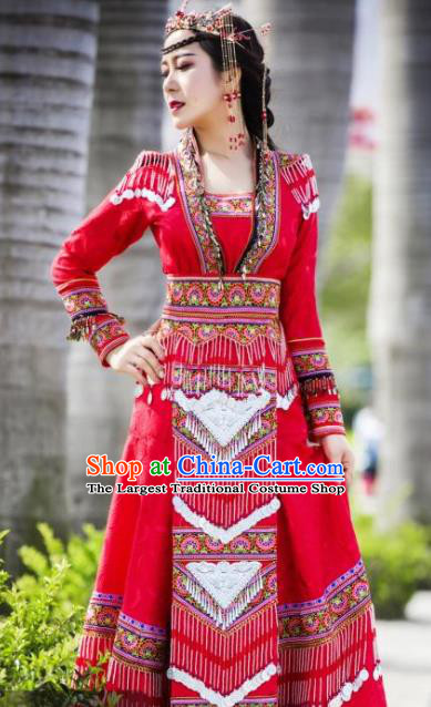 China Guizhou Nationality Traditional Red Long Dress Miao Minority Bride Costumes Ethnic Wedding Apparels and Hair Accessories