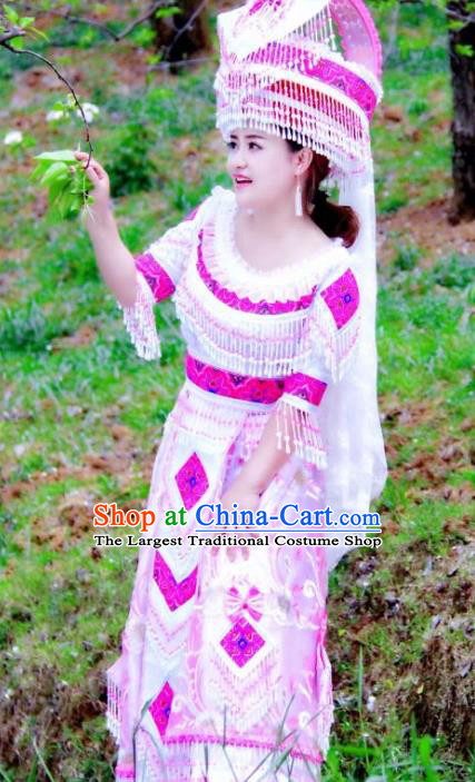 China Traditional Yao Ethnic Folk Dance Apparels Guizhou Minority Stage Performance Long Dress Nationality Wedding Costumes and Headdress