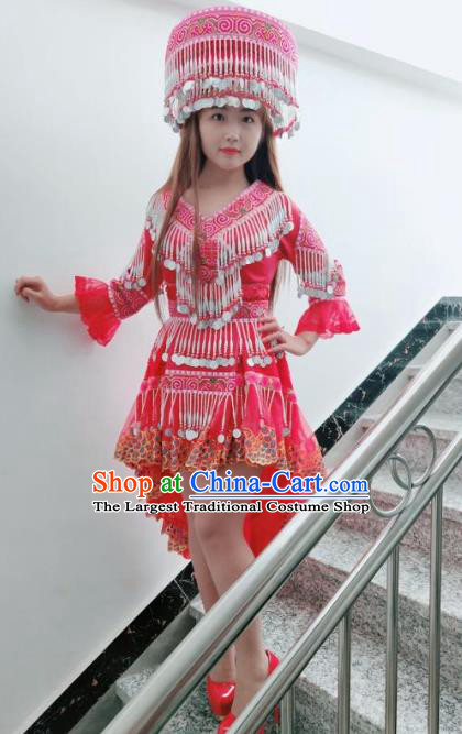China Yao Nationality Red Short Dress Ethnic Women Apparels Minority Wedding Costumes and Hat