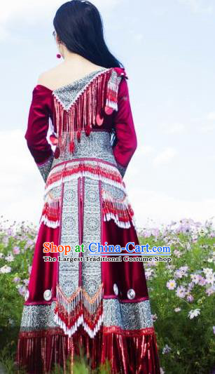 Guangxi Ethnic Women Apparels Minority Wedding Costumes China Nationality Wine Red Dress and Hat