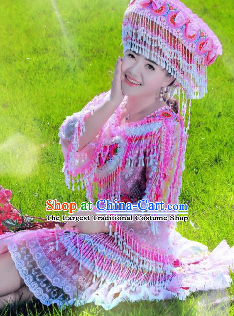 Wenshan Miao Ethnic Women Apparels Minority Folk Dance Costumes China Yunnan Nationality Pink Short Dress and Headpiece