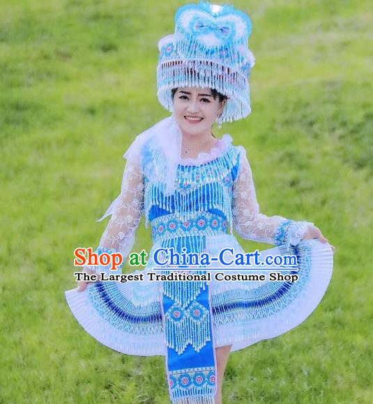 Wenshan Yao Ethnic Women Apparels Minority Folk Dance Costumes China Yunnan Nationality Blue Short Dress and Hat