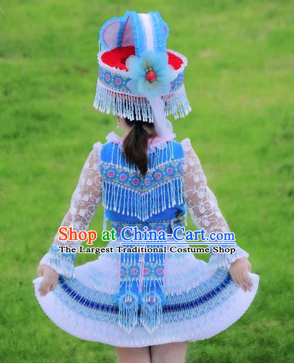 Wenshan Yao Ethnic Women Apparels Minority Folk Dance Costumes China Yunnan Nationality Blue Short Dress and Hat