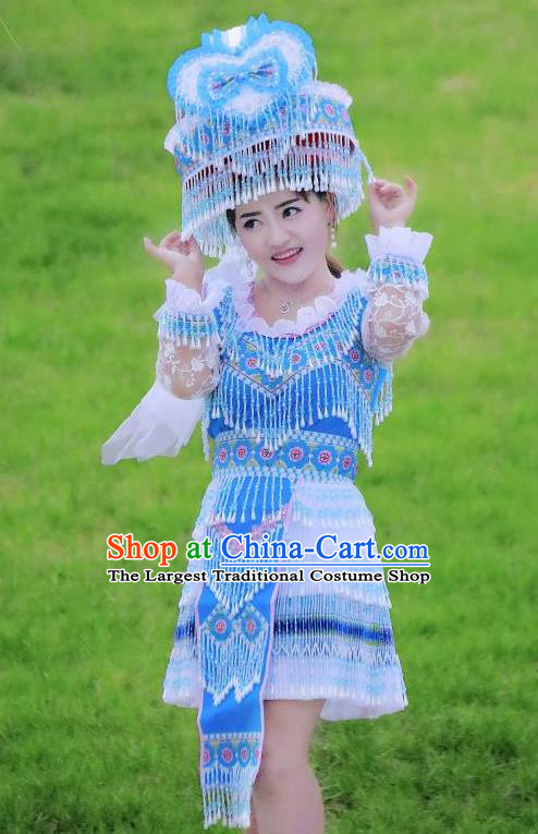 Wenshan Yao Ethnic Women Apparels Minority Folk Dance Costumes China Yunnan Nationality Blue Short Dress and Hat