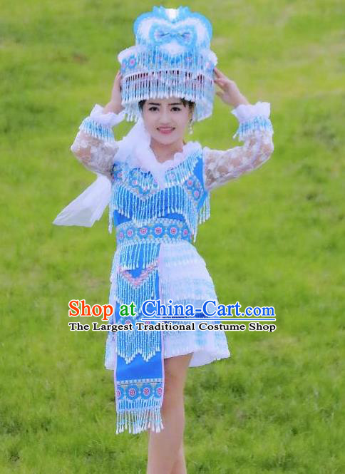 Wenshan Yao Ethnic Women Apparels Minority Folk Dance Costumes China Yunnan Nationality Blue Short Dress and Hat