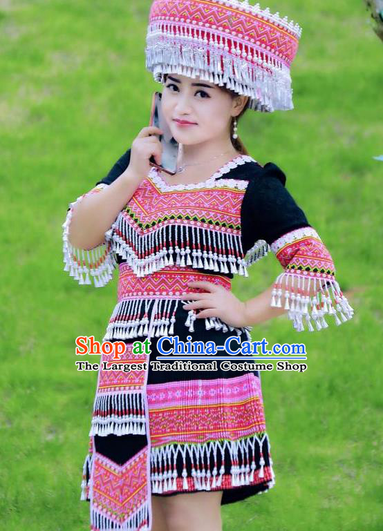 China Guizhou Ethnic Women Apparels Minority Costumes Guangxi Miao Nationality Folk Dance Black Short Dress Dress and Headpiece