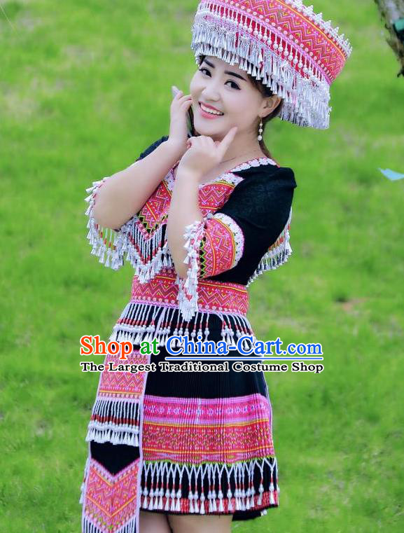 China Guizhou Ethnic Women Apparels Minority Costumes Guangxi Miao Nationality Folk Dance Black Short Dress Dress and Headpiece
