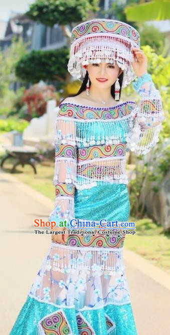 China Miao Nationality Female Clothing Blue Blouse and Long Skirt Travel Photography Ethnic Costumes with Headwear