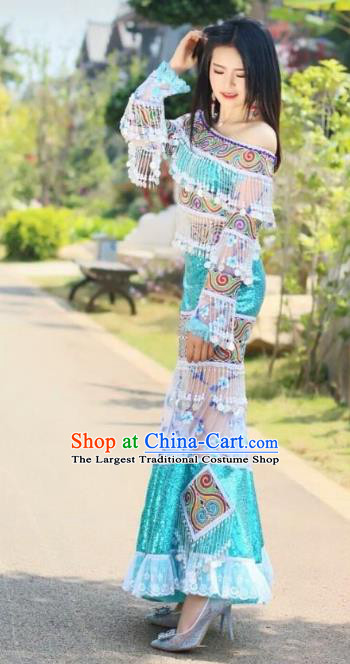 China Miao Nationality Female Clothing Blue Blouse and Long Skirt Travel Photography Ethnic Costumes with Headwear