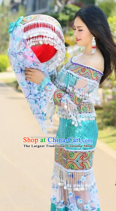 China Miao Nationality Female Clothing Blue Blouse and Long Skirt Travel Photography Ethnic Costumes with Headwear