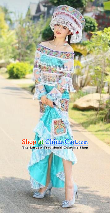 China Miao Nationality Female Clothing Blue Blouse and Long Skirt Travel Photography Ethnic Costumes with Headwear