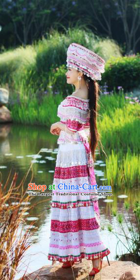 Traditional China Miao Ethnic Wedding Apparels Nationality Folk Dance Costumes Minority Stage Performance Long Dress and Hat