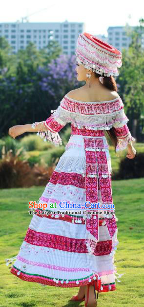 Traditional China Miao Ethnic Wedding Apparels Nationality Folk Dance Costumes Minority Stage Performance Long Dress and Hat