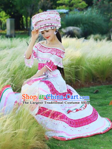 Traditional China Miao Ethnic Wedding Apparels Nationality Folk Dance Costumes Minority Stage Performance Long Dress and Hat