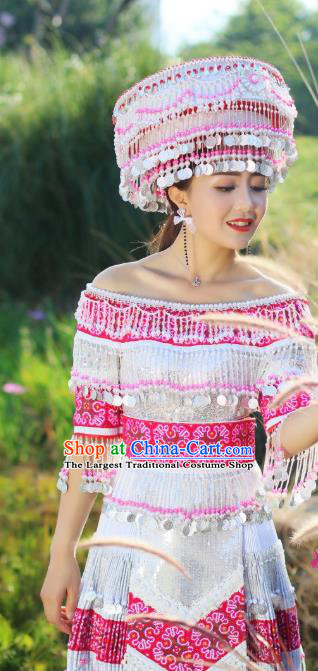 Traditional China Miao Ethnic Wedding Apparels Nationality Folk Dance Costumes Minority Stage Performance Long Dress and Hat