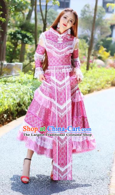 China Ethnic Bride Clothing Miao Nationality Wedding Pink Dress Travel Photography Stage Performance Costumes with Headdress