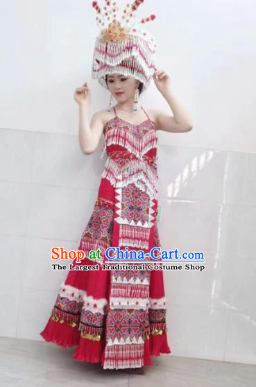 China Yunnan Ethnic Women Clothing Miao Nationality Bride Red Dress Travel Photography Wedding Costumes with Headdress