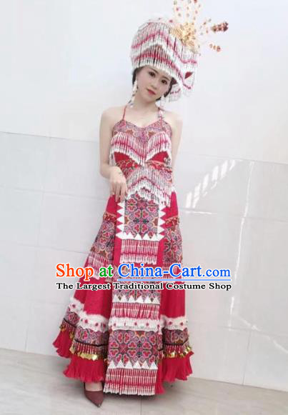 China Yunnan Ethnic Women Clothing Miao Nationality Bride Red Dress Travel Photography Wedding Costumes with Headdress