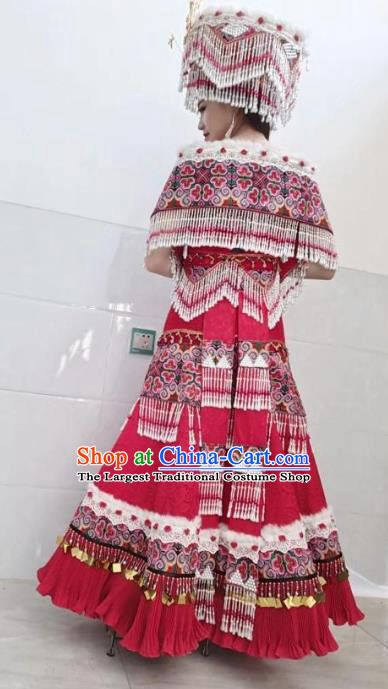 China Yunnan Ethnic Women Clothing Miao Nationality Bride Red Dress Travel Photography Wedding Costumes with Headdress