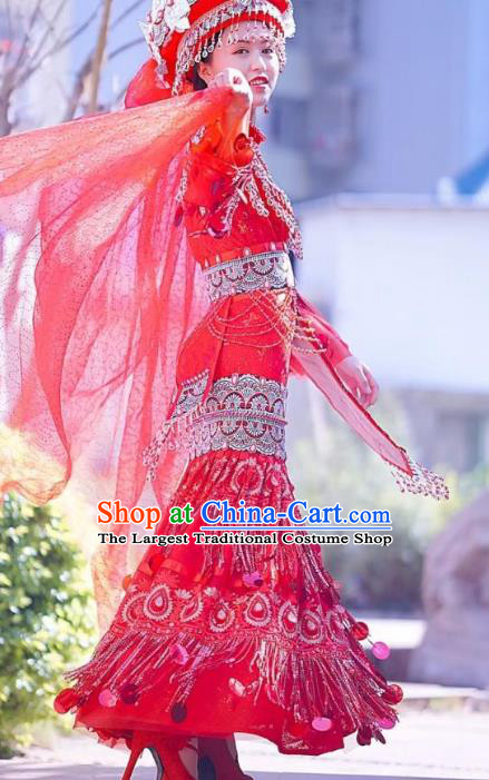 China Miao Ethnic Bride Red Wedding Dress Miao Nationality Women Clothing Folk Dance Costumes with Headwear