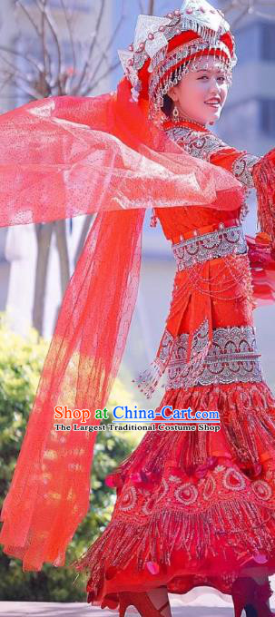 China Miao Ethnic Bride Red Wedding Dress Miao Nationality Women Clothing Folk Dance Costumes with Headwear