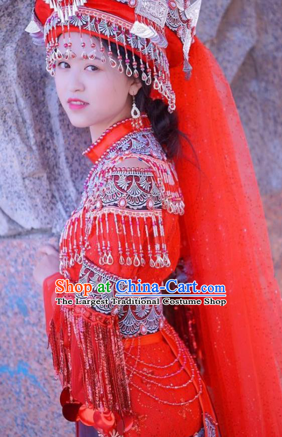 China Miao Ethnic Bride Red Wedding Dress Miao Nationality Women Clothing Folk Dance Costumes with Headwear