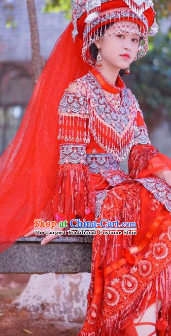 China Miao Ethnic Bride Red Wedding Dress Miao Nationality Women Clothing Folk Dance Costumes with Headwear