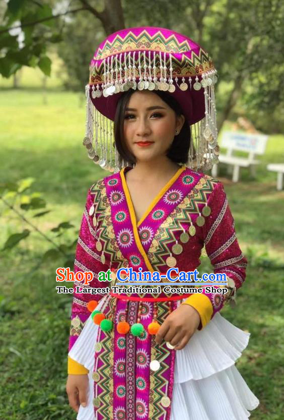 China Ethnic Rosy Blouse and Long Skirt Nationality Women Stage Performance Costumes Yi Minority Dance Clothing with Hat