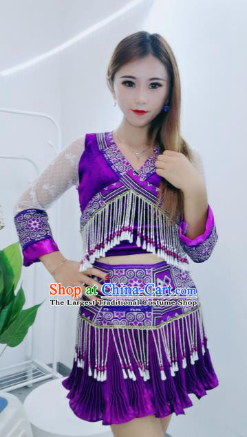 China Ethnic Purple Blouse and Short Skirt Nationality Female Stage Performance Costumes Minority Clothing