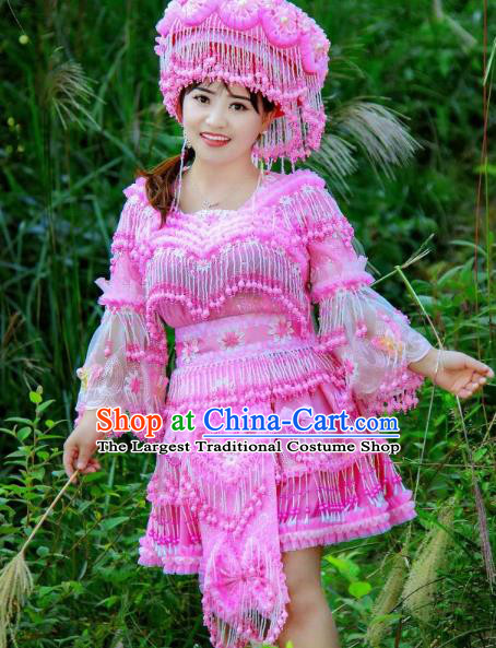 Fashion Miao Minority Costumes China Guizhou Folk Dance Clothing Travel Photography Pink Blouse and Skirt with Hat for Women