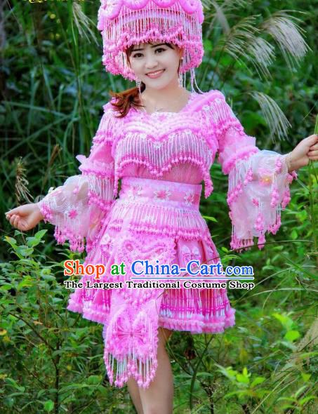 Fashion Miao Minority Costumes China Guizhou Folk Dance Clothing Travel Photography Pink Blouse and Skirt with Hat for Women