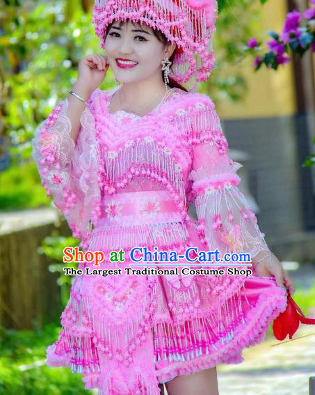 Fashion Miao Minority Costumes China Guizhou Folk Dance Clothing Travel Photography Pink Blouse and Skirt with Hat for Women