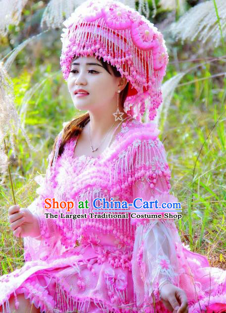 Fashion Miao Minority Costumes China Guizhou Folk Dance Clothing Travel Photography Pink Blouse and Skirt with Hat for Women