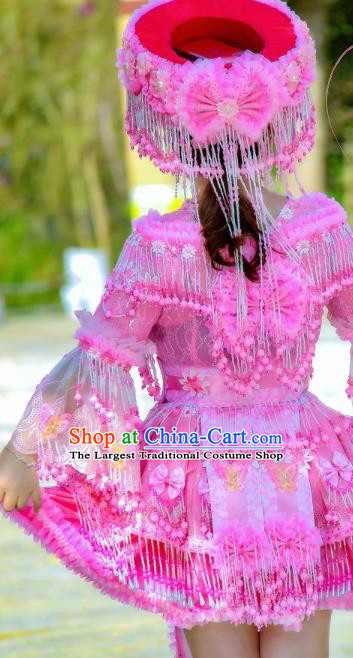 Fashion Miao Minority Costumes China Guizhou Folk Dance Clothing Travel Photography Pink Blouse and Skirt with Hat for Women