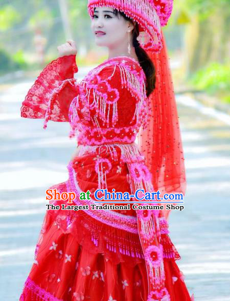 Fashion Miao Minority Wedding Costumes China Ethnic Folk Dance Clothing Travel Photography Bride Red Blouse and Long Skirt with Hat