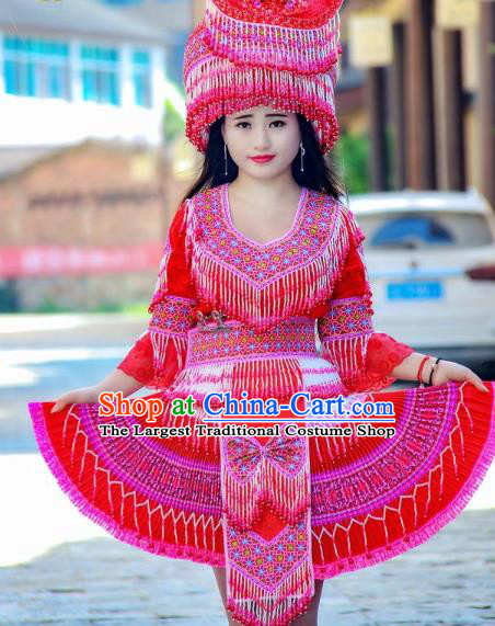 China Minority Stage Show Costumes Fashion Yi Ethnic Folk Dance Clothing Travel Photography Dress with Beads Tassel Hat