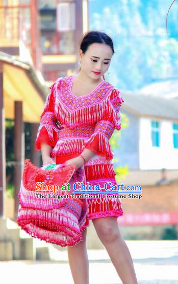 China Minority Stage Show Costumes Fashion Yi Ethnic Folk Dance Clothing Travel Photography Dress with Beads Tassel Hat