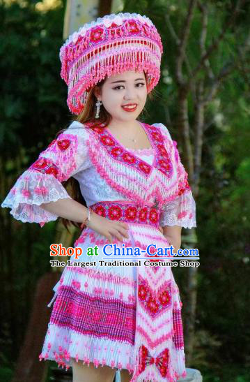 China Fashion Yi Ethnic Clothing Minority Stage Show Costumes Travel Photography Beads Tassel White Blouse and Short Skirt with Headdress
