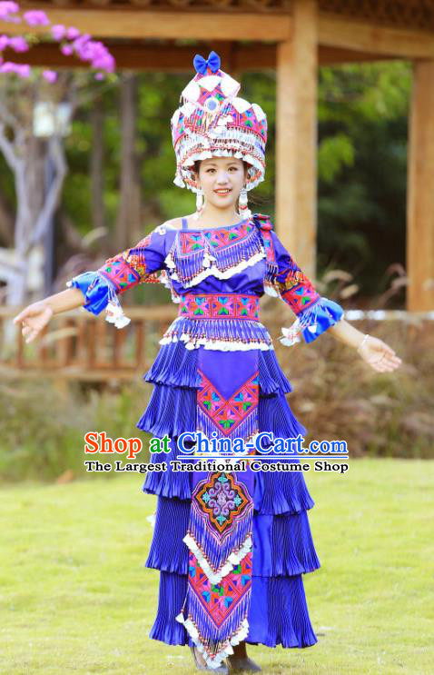China Miao Ethnic Celebration Costume Traditional Clothing Miao Minority Nationality One Shoulder Royalblue Dress with Hat