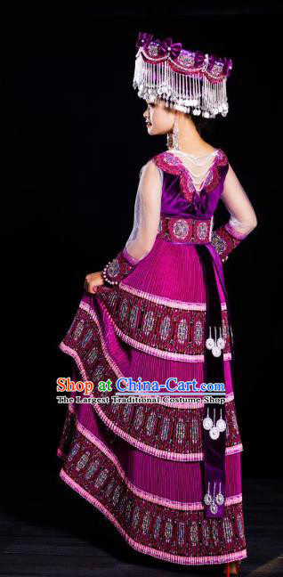 China Guizhou Miao Minority Traditional Clothing Travel Photography Fashion Ethnic Folk Dance Purple Velvet Dress with Hat
