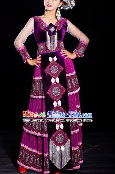 China Guizhou Miao Minority Traditional Clothing Travel Photography Fashion Ethnic Folk Dance Purple Velvet Dress with Hat